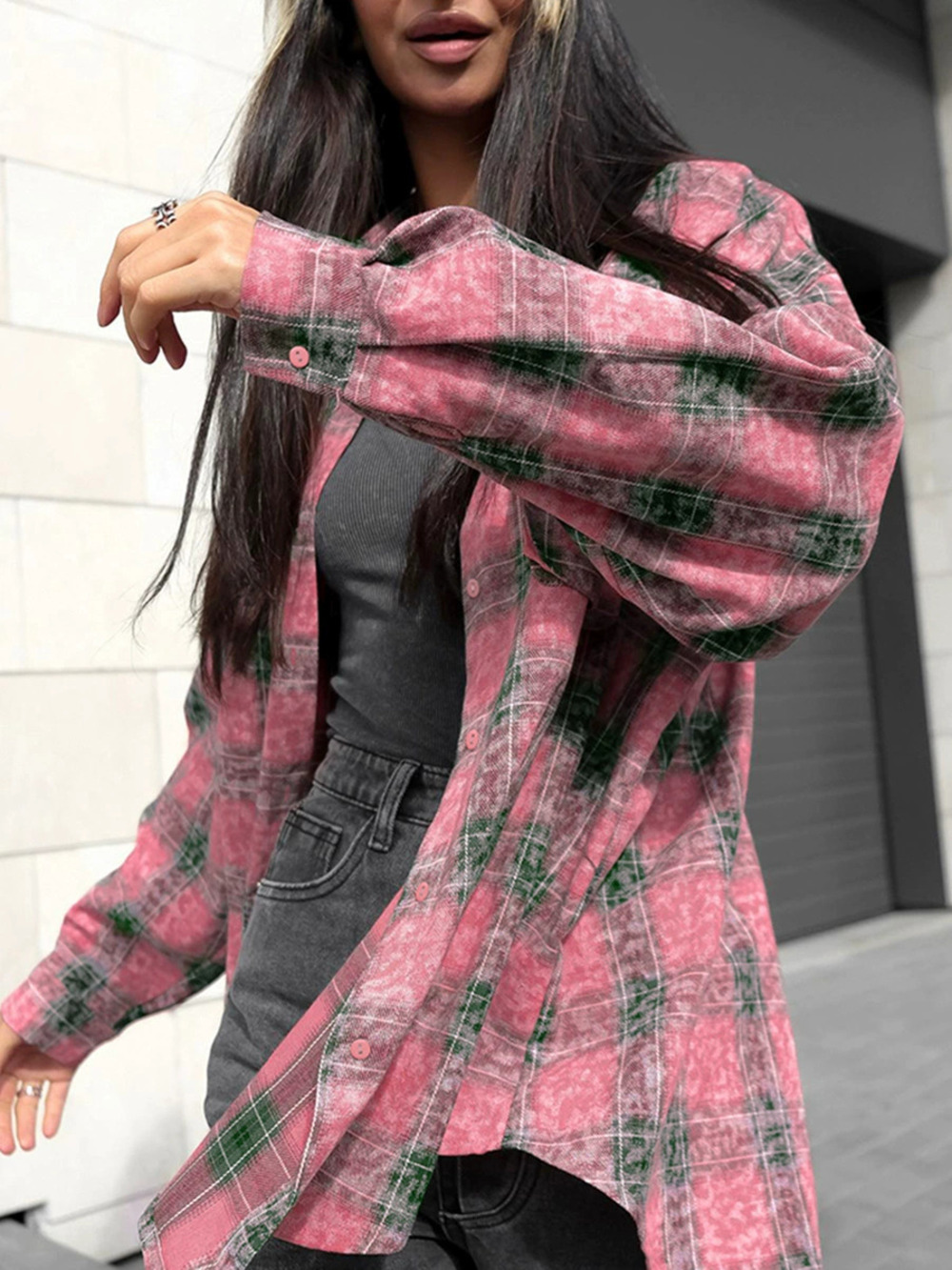 Forever 21 Berry Pink Plaid Oversized Shirt Vintage Streetwear Layering